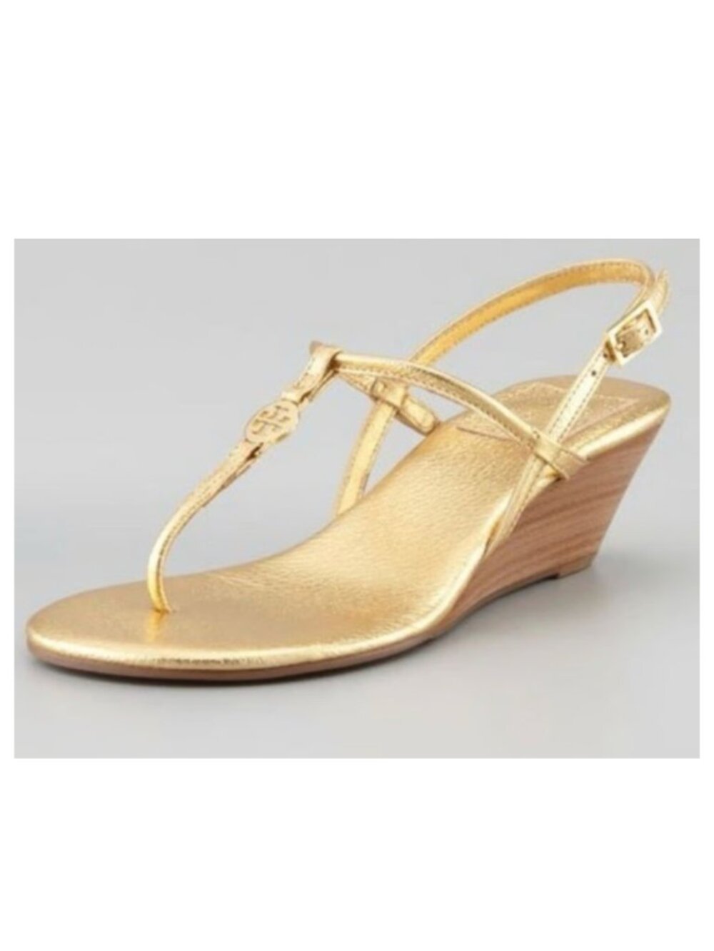 TORY BURCH Size 7 Emmy WEDGE Thong T Strap SANDAL, gold leather, 2" heel